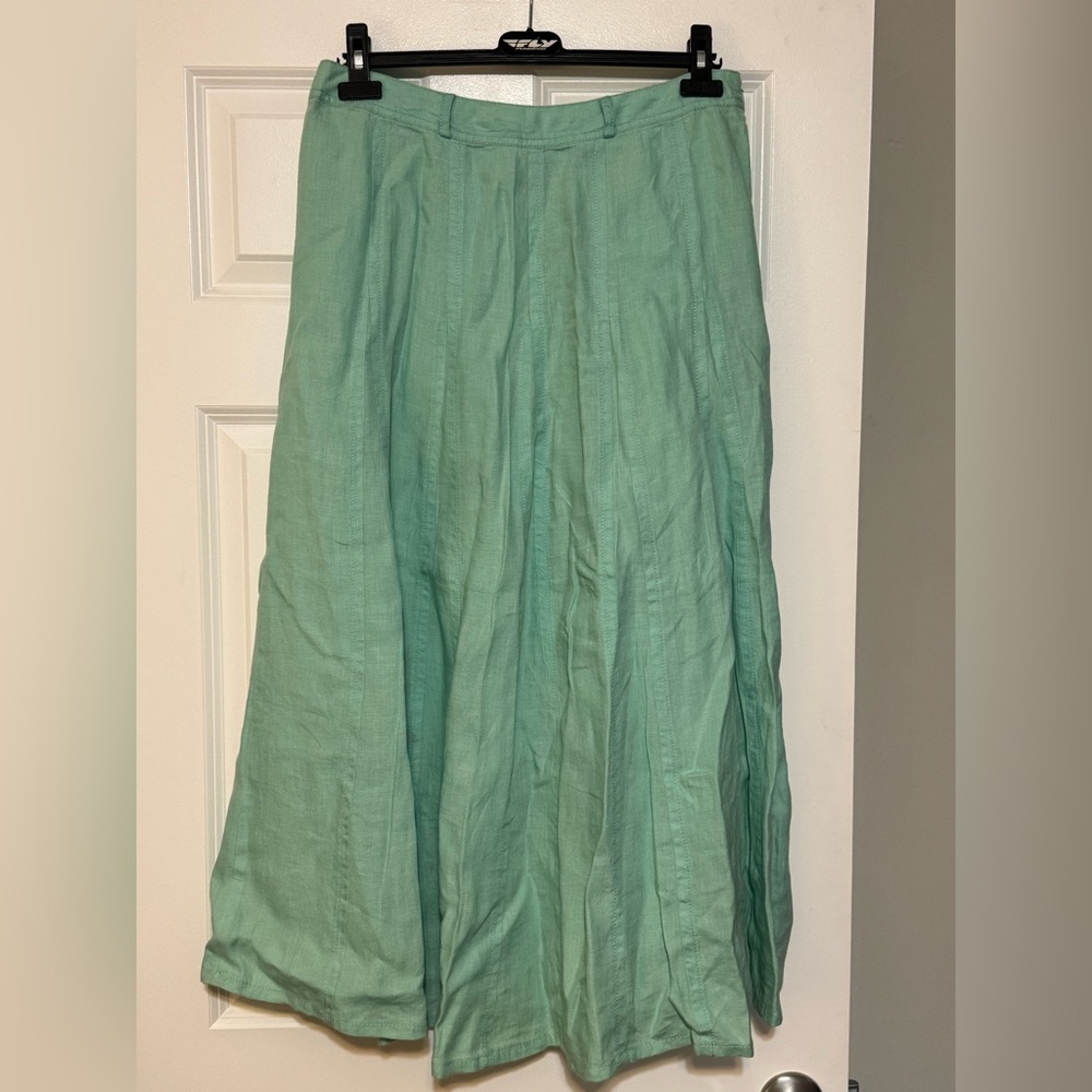 Liz Claiborne 100% Linen Pleated Mint Green Unlined Modest Maxi Skirt Size 10